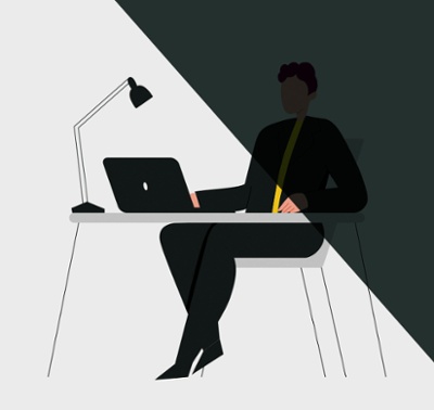 Illustration einer Person am Schreibtisch mit Laptop
