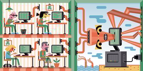 Karikaturen, Menschen an einem Computer und ein Computermonster